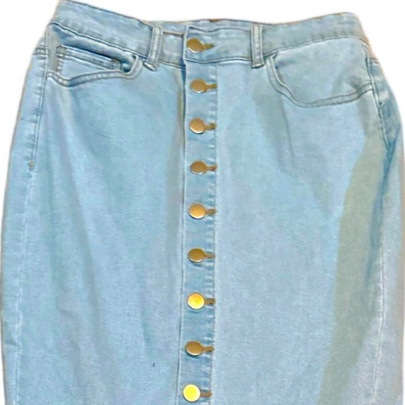 High Waist Button Fly Mermaid Hem Denim Skirt - Picture 3 of 12